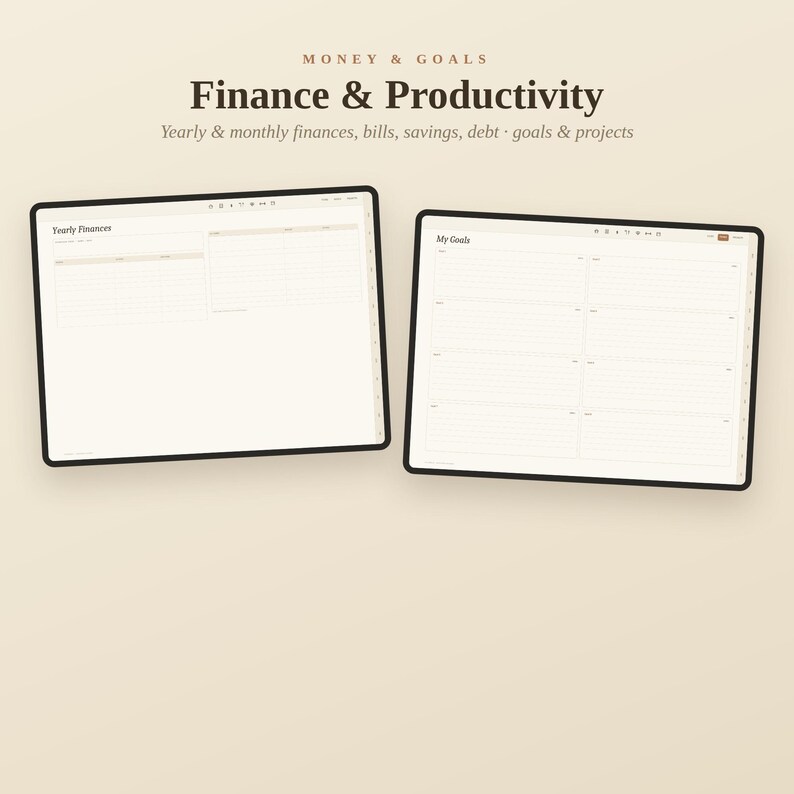 K&ouml;nnte beinhalten: Zwei digitale Tablets mit Vorlagen f&uuml;r Finanz- und Produktivit&auml;tsplaner. Der Text auf den Bildschirmen lautet MONEY & GOALS, Finance & Productivity, Yearly & monthly finances, bills, savings, debt, goals & projects, Yearly Finances und My Goals.