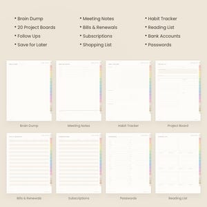 K&ouml;nnte beinhalten: Ein digitales Planer-Set mit dem Titel ADHD-FRIENDLY TEMPLATES, das acht Seitenlayouts enth&auml;lt, darunter Brain Dump, Meeting Notes, Habit Tracker, Project Board, Bills & Renewals, Subscriptions, Passwords und Reading List mit farbigen Seitenreitern.