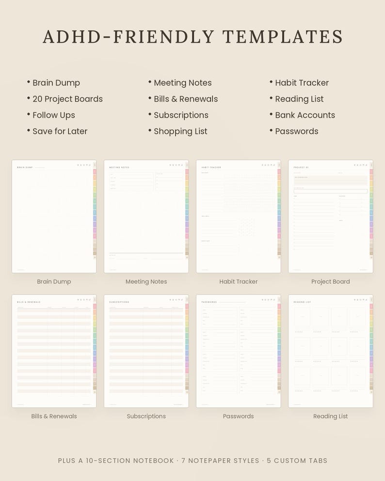 K&ouml;nnte beinhalten: Ein digitales Planer-Set mit dem Titel ADHD-FRIENDLY TEMPLATES, das acht Seitenlayouts enth&auml;lt, darunter Brain Dump, Meeting Notes, Habit Tracker, Project Board, Bills & Renewals, Subscriptions, Passwords und Reading List mit farbigen Seitenreitern.