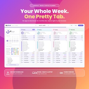 Könnte beinhalten: Eine digitale Wochenplaner-Oberfläche mit dem Titel MyWeek, die eine Kalenderansicht, tägliche Fortschrittsanzeigen, Aufgabenlisten und Gewohnheitsprotokolle enthält. Das Layout zeigt die Tage von Sonntag bis Mittwoch mit Zeitblöcken und Checkboxen.