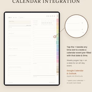 K&ouml;nnte beinhalten: Eine digitale Planeroberfl&auml;che mit einer Juli-Kalenderseite und einer Seitenleiste mit farbigen Reitern. Der Text lautet NEW CALENDAR INTEGRATION. Ein kreisf&ouml;rmiger Ausschnitt hebt ein Plus-Symbol neben Zeitfenstern zum Erstellen von Terminen hervor.