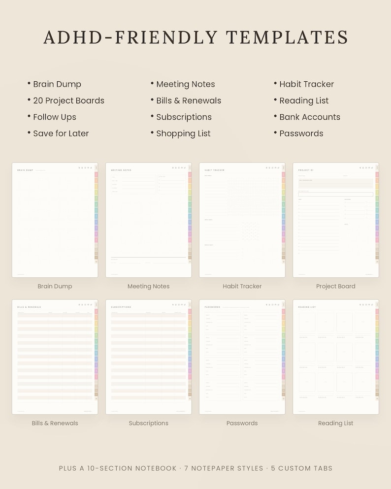 K&ouml;nnte beinhalten: ADHD-FRIENDLY TEMPLATES digitale Planerseiten mit einer Liste von Abschnitten wie Brain Dump, Meeting Notes, Habit Tracker, Project Boards, Bills & Renewals, Subscriptions, Shopping List, Reading List, Bank Accounts und Passwords.