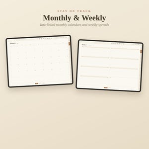 K&ouml;nnte beinhalten: Zwei digitale Tablets zeigen einen Planer mit dem Text STAY ON TRACK Monthly & Weekly Interlinked monthly calendars and weekly spreads. Der linke Bildschirm zeigt einen Monatskalender f&uuml;r Januar, der rechte eine Wochen&uuml;bersicht.