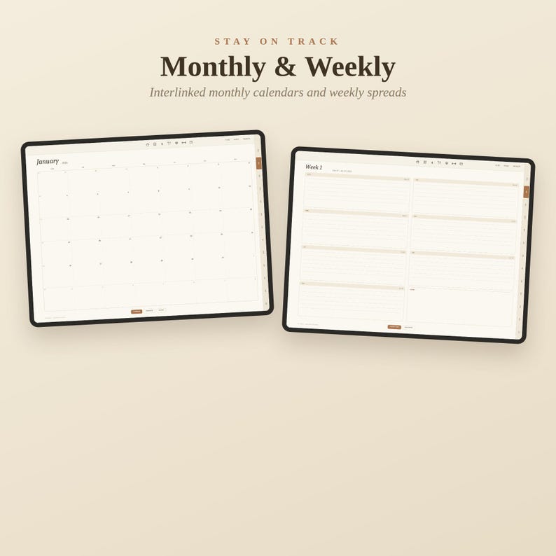 K&ouml;nnte beinhalten: Zwei digitale Tablets zeigen einen Planer mit dem Text STAY ON TRACK Monthly & Weekly Interlinked monthly calendars and weekly spreads. Der linke Bildschirm zeigt einen Monatskalender f&uuml;r Januar, der rechte eine Wochen&uuml;bersicht.