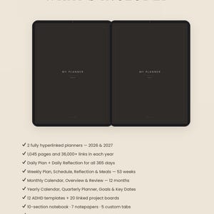 K&ouml;nnte beinhalten: Zwei digitale Planer auf Tablets mit dunklen Bildschirmen, beschriftet mit MY PLANNER 2026 und 2027. Der Text listet Funktionen auf, darunter 1.045 Seiten, &uuml;ber 36.000 Links, t&auml;gliche, w&ouml;chentliche und monatliche Layouts sowie ADHD-Vorlagen.