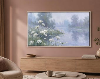 Cuadro impresionista al óleo: Escena de jardín brumoso – Arte de pared al estilo Monet para marco Samsung