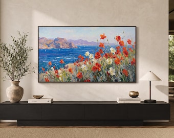 Pintura al óleo impresionista de amapolas costeras – Paisaje marino mediterráneo, arte floral bañado por el sol.