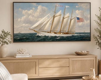 Cuadro para TV Samsung: pintura al óleo de una goleta clásica, decoración marítima (digital)
