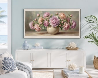 Cuadro al óleo de peonías vintage para marco de TV Samsung, arte mural floral romántico