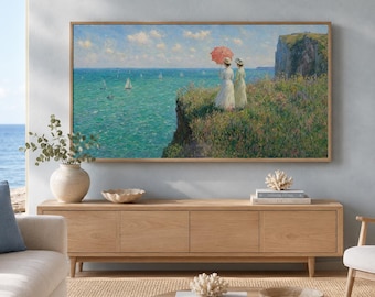Arte digital de una escena costera impresionista, figuras victorianas, paisaje veraniego (marco de TV Samsung).