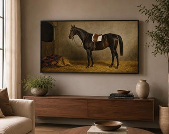 Marco de TV Samsung con retrato de caballo victoriano, escena de establo, arte ecuestre realista (descarga digital)