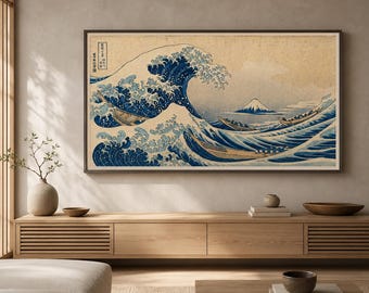 Marco de TV Samsung con lámina japonesa de olas en madera, estilo Ukiyo-e vintage.