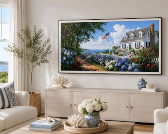 Pintura al óleo de una casa de campo costera de Nueva Inglaterra – Arte mural patriótico para jardín de verano