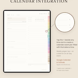 K&ouml;nnte beinhalten: Eine digitale Planeroberfl&auml;che mit einem Tagesplan und einer neuen Kalenderintegrationsfunktion. Der Bildschirm zeigt ein Layout f&uuml;r Juli mit Zeitfenstern und einem Plus-Symbol. Text erkl&auml;rt das Erstellen von Terminen.