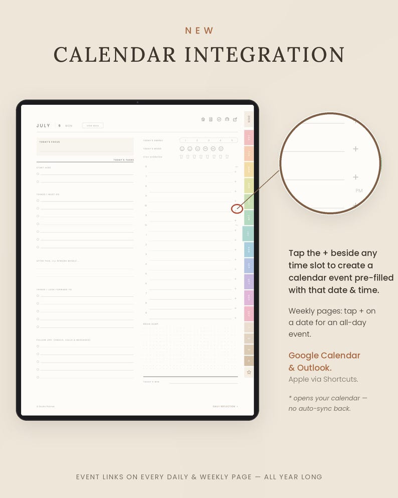 K&ouml;nnte beinhalten: Eine digitale Planeroberfl&auml;che mit einem Tagesplan und einer neuen Kalenderintegrationsfunktion. Der Bildschirm zeigt ein Layout f&uuml;r Juli mit Zeitfenstern und einem Plus-Symbol. Text erkl&auml;rt das Erstellen von Terminen.