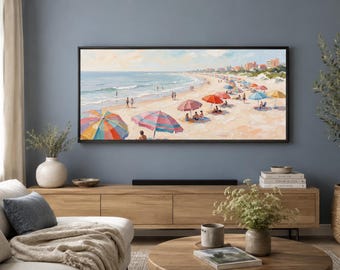 Cuadro decorativo para televisor Samsung: pintura al óleo con textura de playa veraniega, paisaje impresionista.