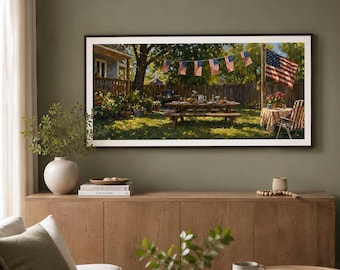 Marco de TV SAMSUNG – Pintura al óleo patriótica de julio sobre barbacoa en el patio trasero, obra de arte para reuniones veraniegas al aire libre