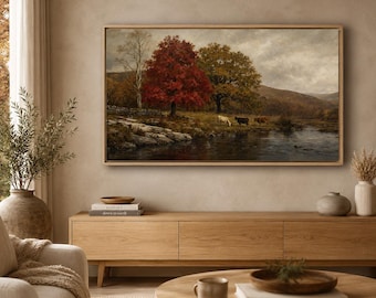 Cuadro decorativo para televisor Samsung: pintura al óleo de paisaje otoñal, escena rural, ganado, follaje vibrante.
