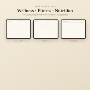 K&ouml;nnte beinhalten: Drei digitale Tablet-Bildschirme mit Planer-Vorlagen, dem Text LOOK AFTER YOU, Wellness &middot; Fitness &middot; Nutrition sowie Untertiteln f&uuml;r Stimmung, Gewohnheiten, Schlaf, Fl&uuml;ssigkeitszufuhr, Training und Mahlzeitenplanung. Jeder Bildschirm zeigt ein Layout.