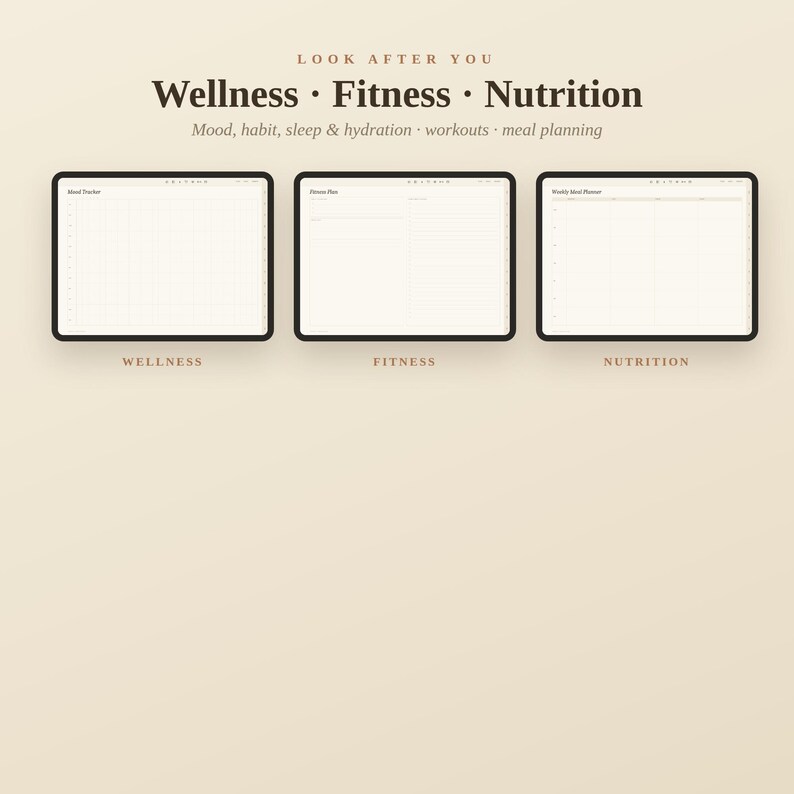 K&ouml;nnte beinhalten: Drei digitale Tablet-Bildschirme mit Planer-Vorlagen, dem Text LOOK AFTER YOU, Wellness &middot; Fitness &middot; Nutrition sowie Untertiteln f&uuml;r Stimmung, Gewohnheiten, Schlaf, Fl&uuml;ssigkeitszufuhr, Training und Mahlzeitenplanung. Jeder Bildschirm zeigt ein Layout.