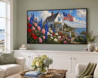 Marco para TV Samsung – Pintura al óleo realista de una escena de jardín en una casa de campo costera – Decoración patriótica de verano