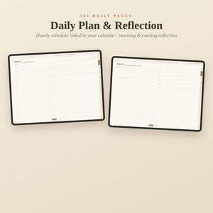 K&ouml;nnte beinhalten: Zwei digitale Tablets mit einer Tagesplaner-Oberfl&auml;che und dem Text 365 DAILY PAGES Daily Plan & Reflection. Die Bildschirme zeigen einen st&uuml;ndlichen Zeitplan, Kalenderverkn&uuml;pfungen sowie Bereiche f&uuml;r Morgen- und Abendreflexionen.