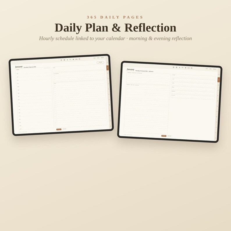 K&ouml;nnte beinhalten: Zwei digitale Tablets mit einer Tagesplaner-Oberfl&auml;che und dem Text 365 DAILY PAGES Daily Plan & Reflection. Die Bildschirme zeigen einen st&uuml;ndlichen Zeitplan, Kalenderverkn&uuml;pfungen sowie Bereiche f&uuml;r Morgen- und Abendreflexionen.