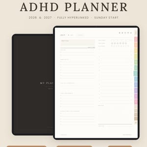 K&ouml;nnte beinhalten: Ein digitaler ADHS-Planer f&uuml;r 2026 und 2027 mit Sonntag als Wochenstart, vollst&auml;ndig verlinkten Seiten und einem Tageslayout. Die Benutzeroberfl&auml;che zeigt ein dunkles Cover und eine helle Seite mit Aufgabenlisten, Trackern und Monatsreitern.