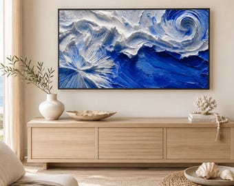 Marco de TV Samsung, Arte Digital, Primer plano de una superficie de empaste compleja con diseño escultórico azul y blanco.