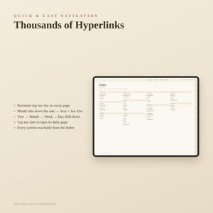 K&ouml;nnte beinhalten: Eine digitale Planer-Oberfl&auml;che auf einem Tablet-Bildschirm mit einer Indexseite und zahlreichen Hyperlinks. Der Text umfasst Quick & Easy Navigation, Thousands of Hyperlinks sowie eine Liste von Navigationsfunktionen wie dauerhafte Men&uuml;leisten.