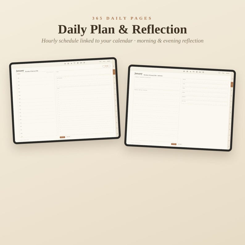 K&ouml;nnte beinhalten: Zwei digitale Tablets mit einer Tagesplaner-Oberfl&auml;che und dem Text 365 DAILY PAGES Daily Plan & Reflection. Die Bildschirme zeigen einen st&uuml;ndlichen Zeitplan, Kalenderverkn&uuml;pfungen sowie Bereiche f&uuml;r Morgen- und Abendreflexionen.