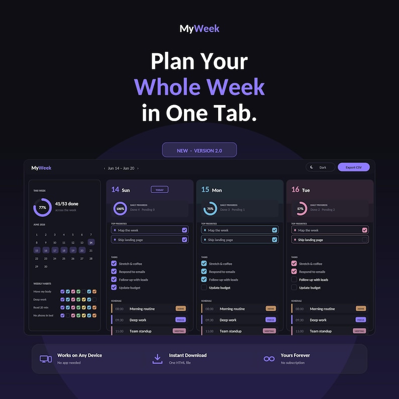 Digital Weekly Planner, Time Blocking, Habit Tracker (HTML Download) image 1