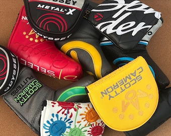 Golf club cover, putter head protector, semi-circular straight putter cover with Velcro closure.