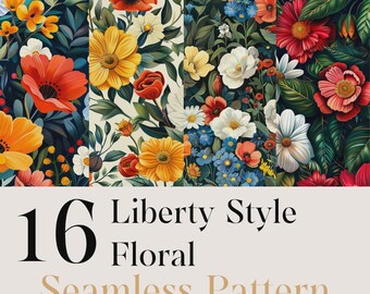 Pacote de Estampas Florais Estilo Liberty Sem Costura, 16 Papéis Digitais PNG, Uso Comercial, Sublimação, Adesivos para Copos