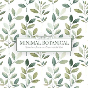 May include: A seamless pattern featuring repeating botanical sprigs with green and sage leaves on a white background. A central rectangular label displays the text PIXELMIRAART MINIMAL BOTANICAL Seamless Pattern Commercial Use in dark grey.