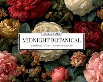 Motivo botanico di mezzanotte / Motivo floreale scuro senza soluzione di continuità / Carta digitale con rose vintage / PNG 12x12 / Uso commerciale