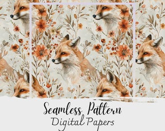 Watercolor Fox Seamless Pattern, Woodland Floral Digital Paper, Commercial Use PNG