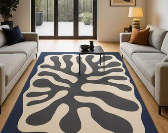 Abstract Navy Blue Area Rug Modern Organic Shape Tufted Rug, Minimalist Contemporary Carpet