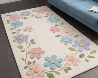 Floral Hand Tufted Wool Pastel Color Area Rug Children Room Rug Soft Plush