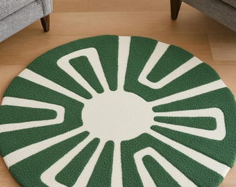 Modern rond vloerkleed groen en ivoor geometrisch tapijt eigentijds woonkamerdecor