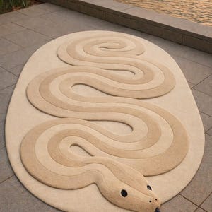 Può includere: Tappeto ovale beige con un disegno a forma di serpente. Il corpo del serpente è formato da curve concentriche marrone chiaro. La testa del serpente ha occhi neri e una lingua blu. Il tappeto è realizzato in materiale morbido e felpato.