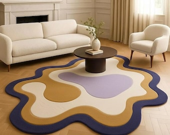 Alfombra abstracta de inspiración artística, forma libre, irregular, de lana con mechones hechos a mano