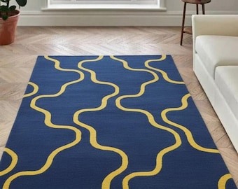 Contemporary Blue Rug with Yellow Curved Lines Minimalist Abstract Area Rug for Modern Home