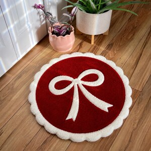 Luxury Red Bow Tufted Rug Handmade Round Wool Area Rug Coquette Ribbon Carpet Scallope