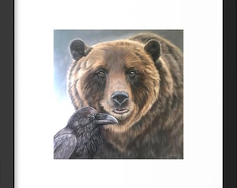 Grizzly Bear and Raven Spirit Animal Art Print – Woodland Spirit Guide Totem Painting