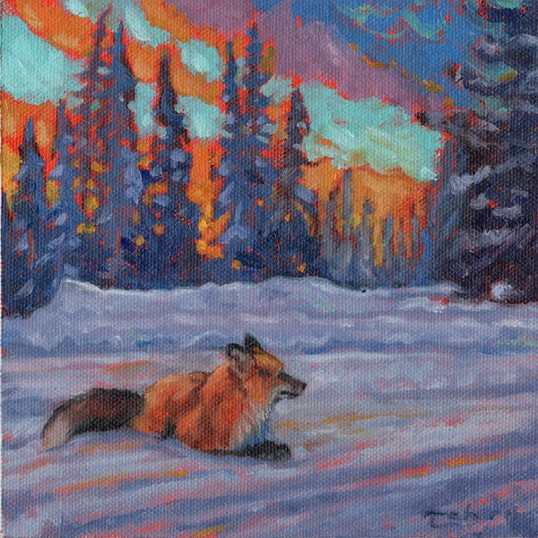 Chilcotin Blues, peinture de renard roux, art animalier, paysage
