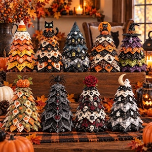 May include: A collection of nine decorative fabric trees featuring Halloween themes, including patterns of pumpkins, black cats, skulls, ghosts, and spiders. Each tree is constructed with layered, pointed fabric segments in various colors.