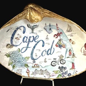 Decoupage Shell Trinket Dish Cape Cod - Coastal Decor - Gifts - Nautical - Gold painted trim and backing - Shined - Home Decor- Jewelry Dish