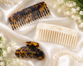 Custom Tortoiseshell Comb and Clip, Personalized Elegant Hair Comb, Engraved Beige Acetate Comb, Aesthetic Vanity Keepsake