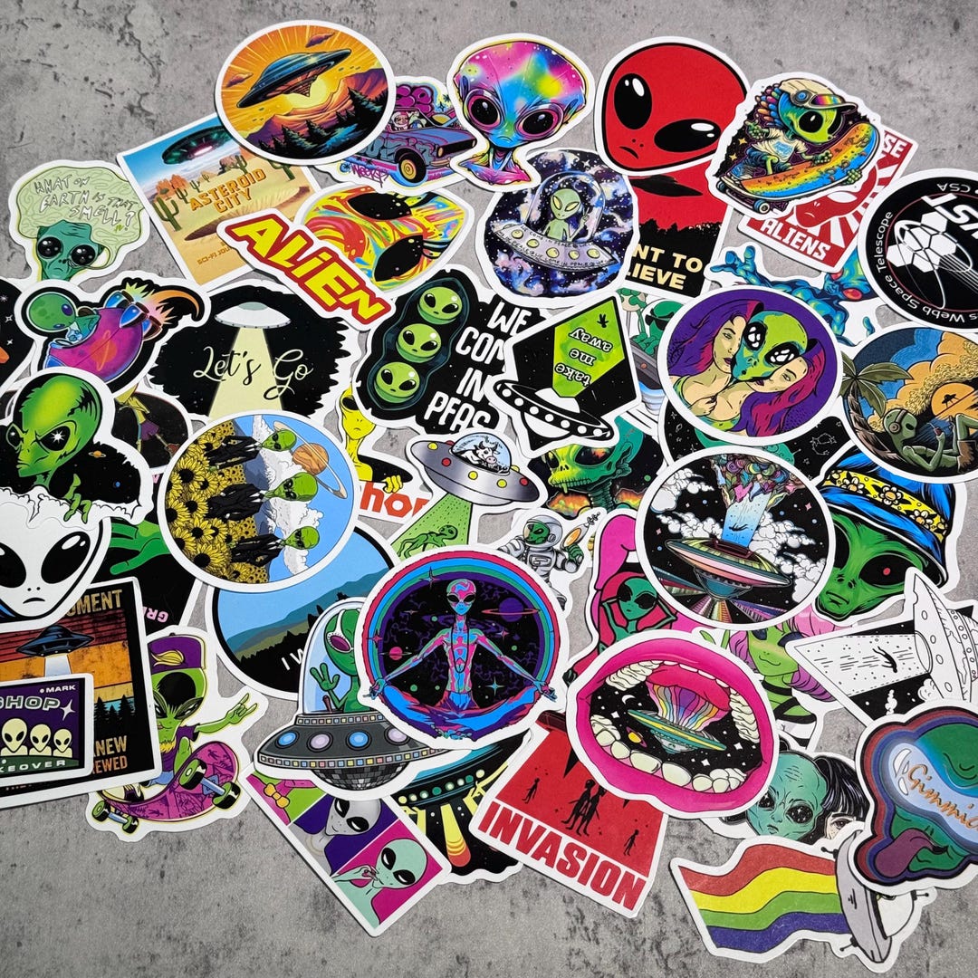 Retro Space Sticker Pack - 50 PVC Decor Stickers, Alien & UFO Theme ...